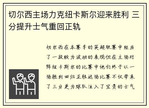 切尔西主场力克纽卡斯尔迎来胜利 三分提升士气重回正轨