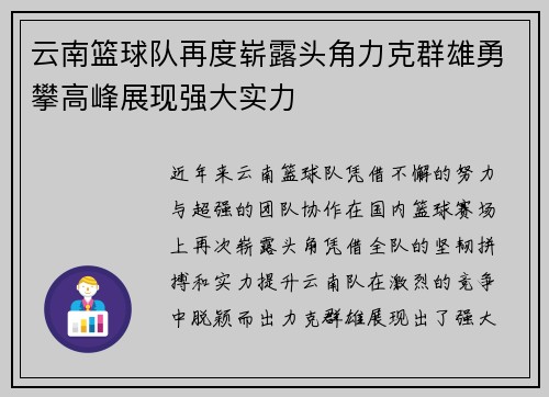 云南篮球队再度崭露头角力克群雄勇攀高峰展现强大实力
