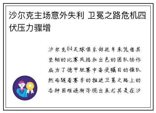 沙尔克主场意外失利 卫冕之路危机四伏压力骤增