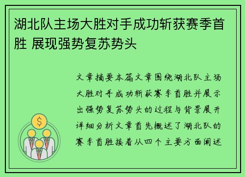 湖北队主场大胜对手成功斩获赛季首胜 展现强势复苏势头