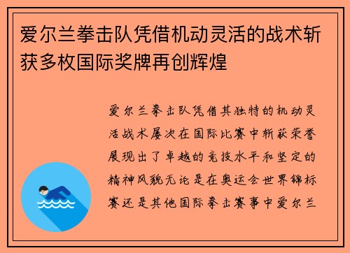 爱尔兰拳击队凭借机动灵活的战术斩获多枚国际奖牌再创辉煌
